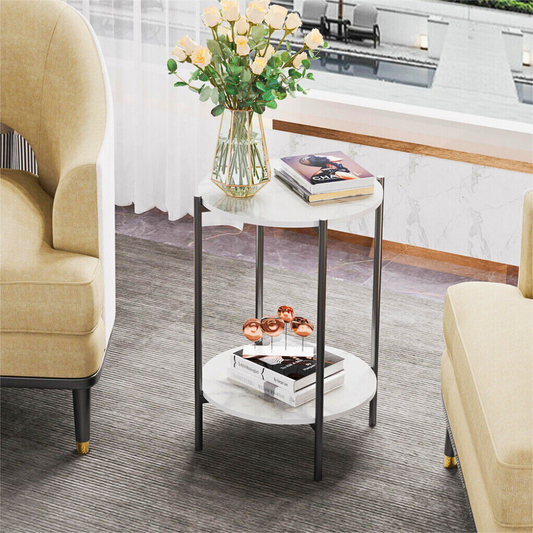 2 Tier Round Coffee End Table with Storage Shelf