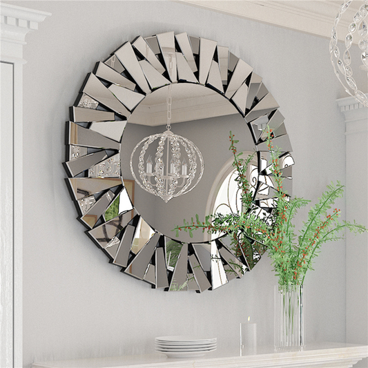Unique Sunburst Decorative Wall Mounted Beveled Glass Accent Mirror - Round 80CM Silver