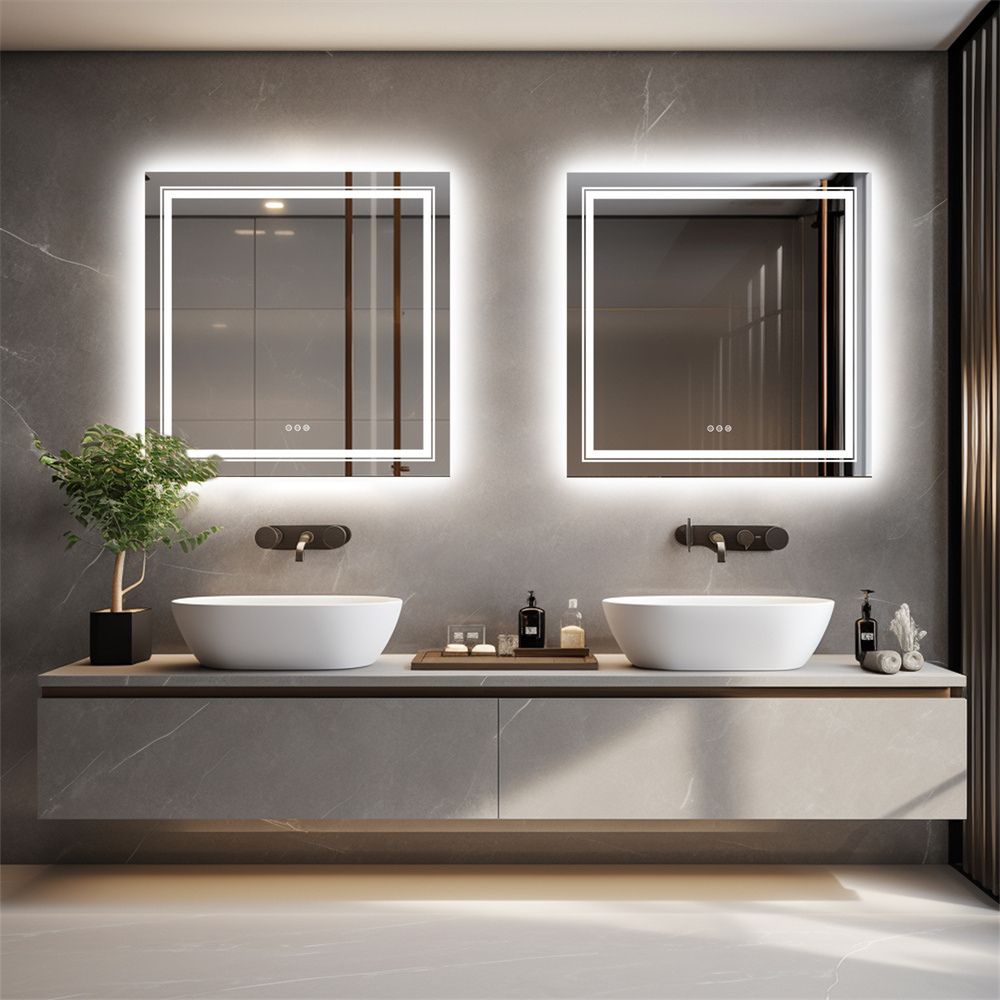 Square Illuminated Wall Bathroom Mirror with LED Lights