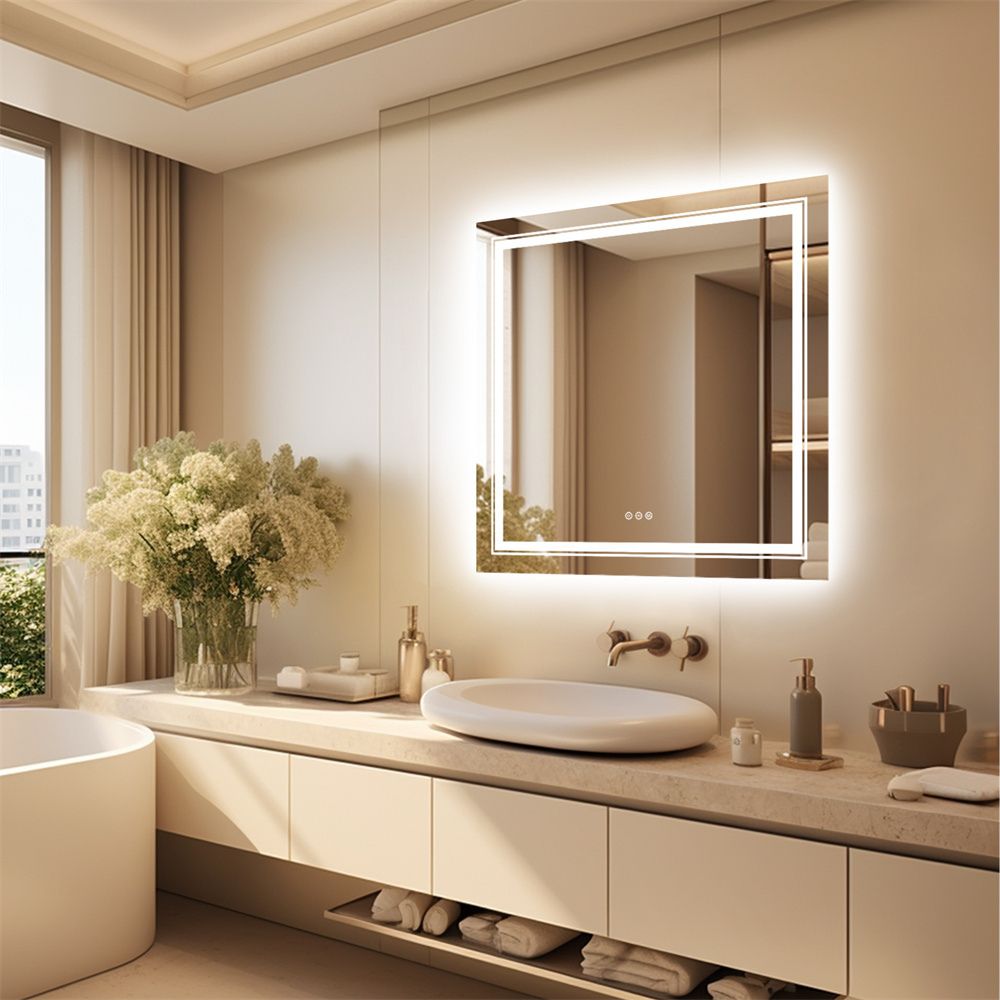 Square Illuminated Wall Bathroom Mirror with LED Lights