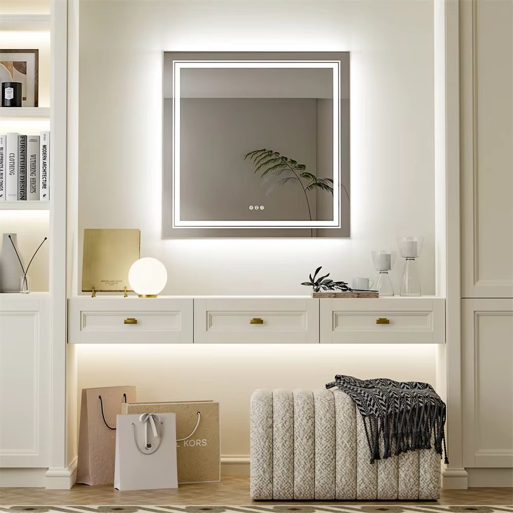 Square Illuminated Wall Bathroom Mirror with LED Lights
