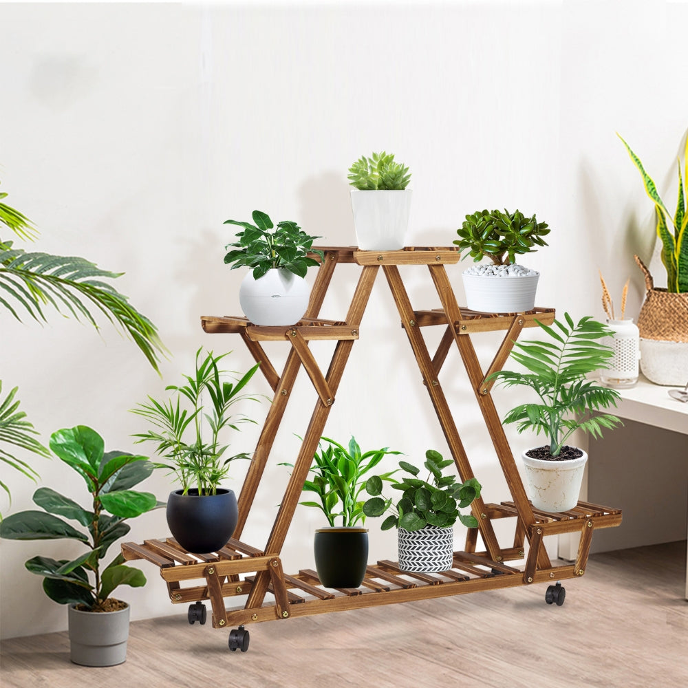 Triangular Plant Shelf 6 Potted Wood Plant Holder Stand Display Storage Rack with Wheels