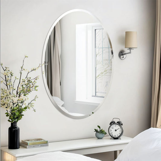 Frameless Silver Oval Vanity Mirror Beveled Edge Art Wall Decor