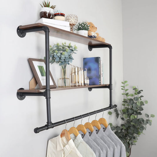 Industrial Pipe Coat Rack with 2 Shelves