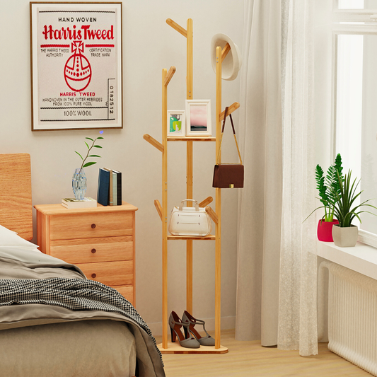 3-Layer Bamboo Coat Rack Tree Cloth Hanger with 9 Hooks