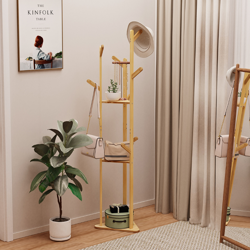 3-Layer Bamboo Coat Rack Tree Cloth Hanger with 9 Hooks