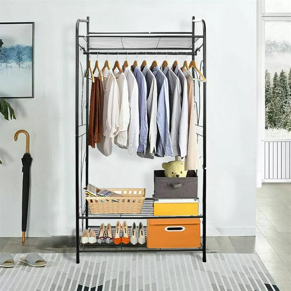 Black Metal Heavy Duty Clothes Rail Clothes Rack with 2 Shelf Storage Shelves