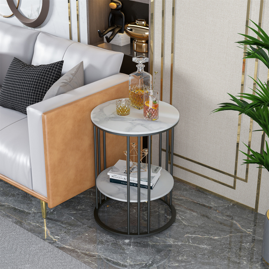 Round Marble Accent Table End 2 Tiers Storage Table - Black