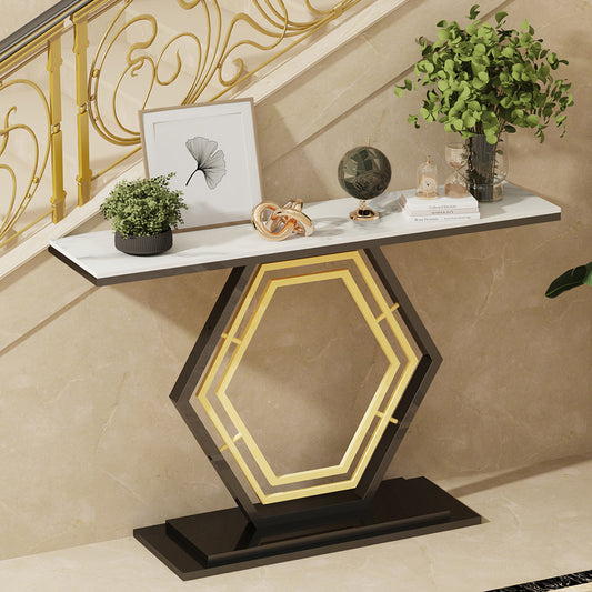 Console Table Sintered Stone Top Narrow Entryway Sofa Side Table Geometric Base