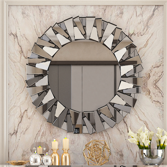 Unique Sunburst Decorative Wall Mounted Beveled Glass Accent Mirror - Round 80CM Silver