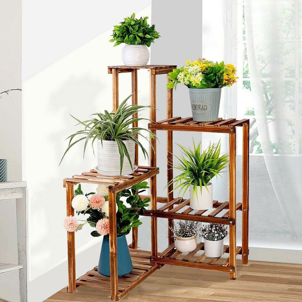 6 Tier Corner Plant Display Stand Wood Flower Pots Shelf Rack