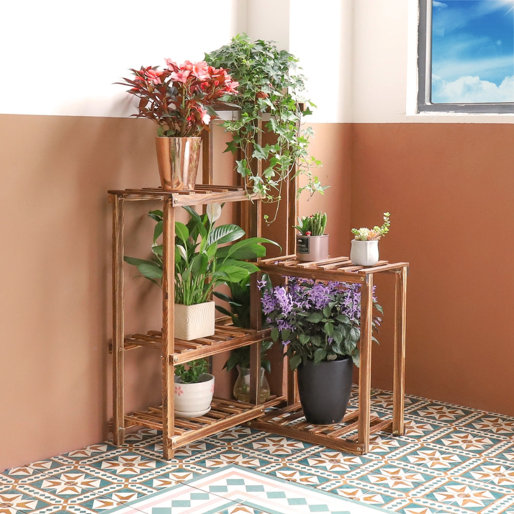 6 Tier Corner Plant Display Stand Wood Flower Pots Shelf Rack