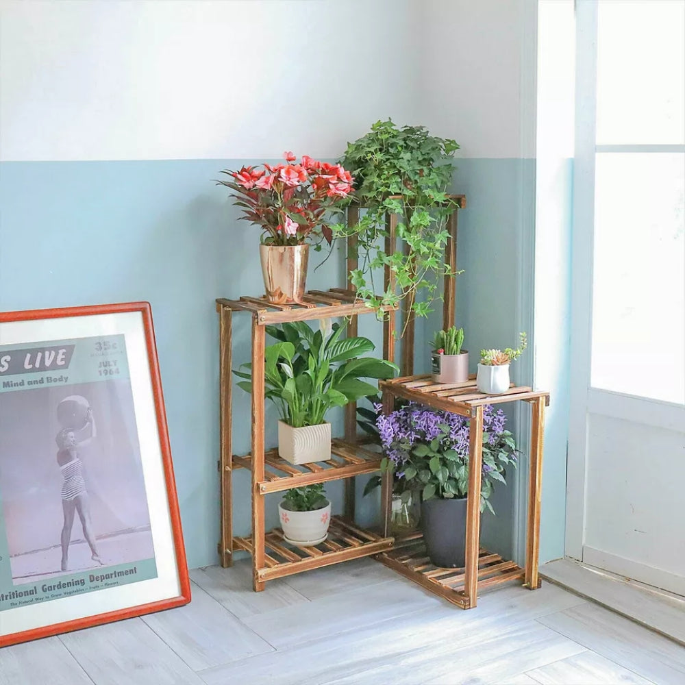 6 Tier Corner Plant Display Stand Wood Flower Pots Shelf Rack