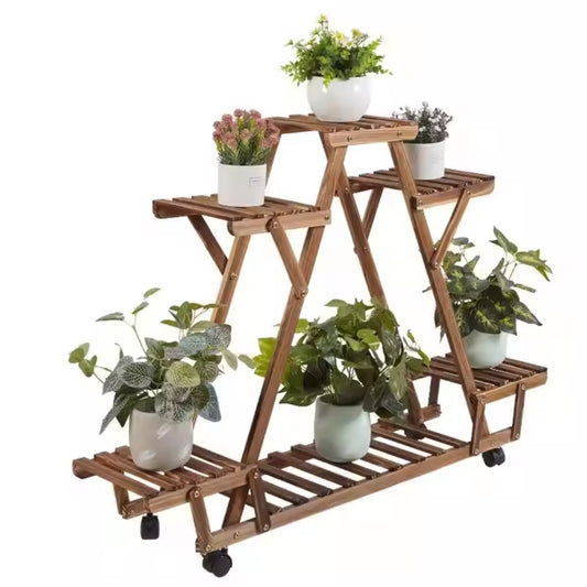 Triangular Plant Shelf 6 Potted Wood Plant Holder Stand Display Storage Rack with Wheels