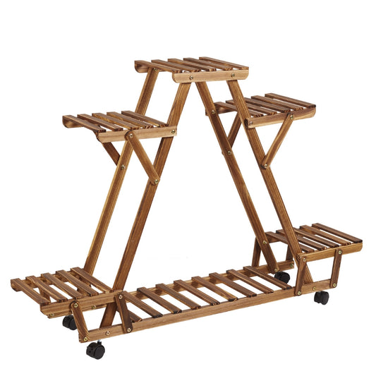 Triangular Plant Shelf 6 Potted Wood Plant Holder Stand Display Storage Rack with Wheels