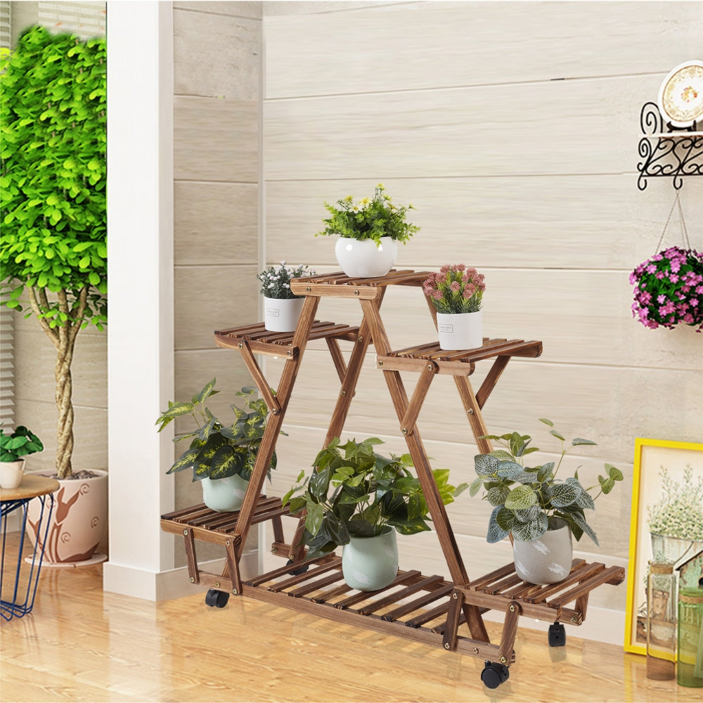 Triangular Plant Shelf 6 Potted Wood Plant Holder Stand Display Storage Rack with Wheels