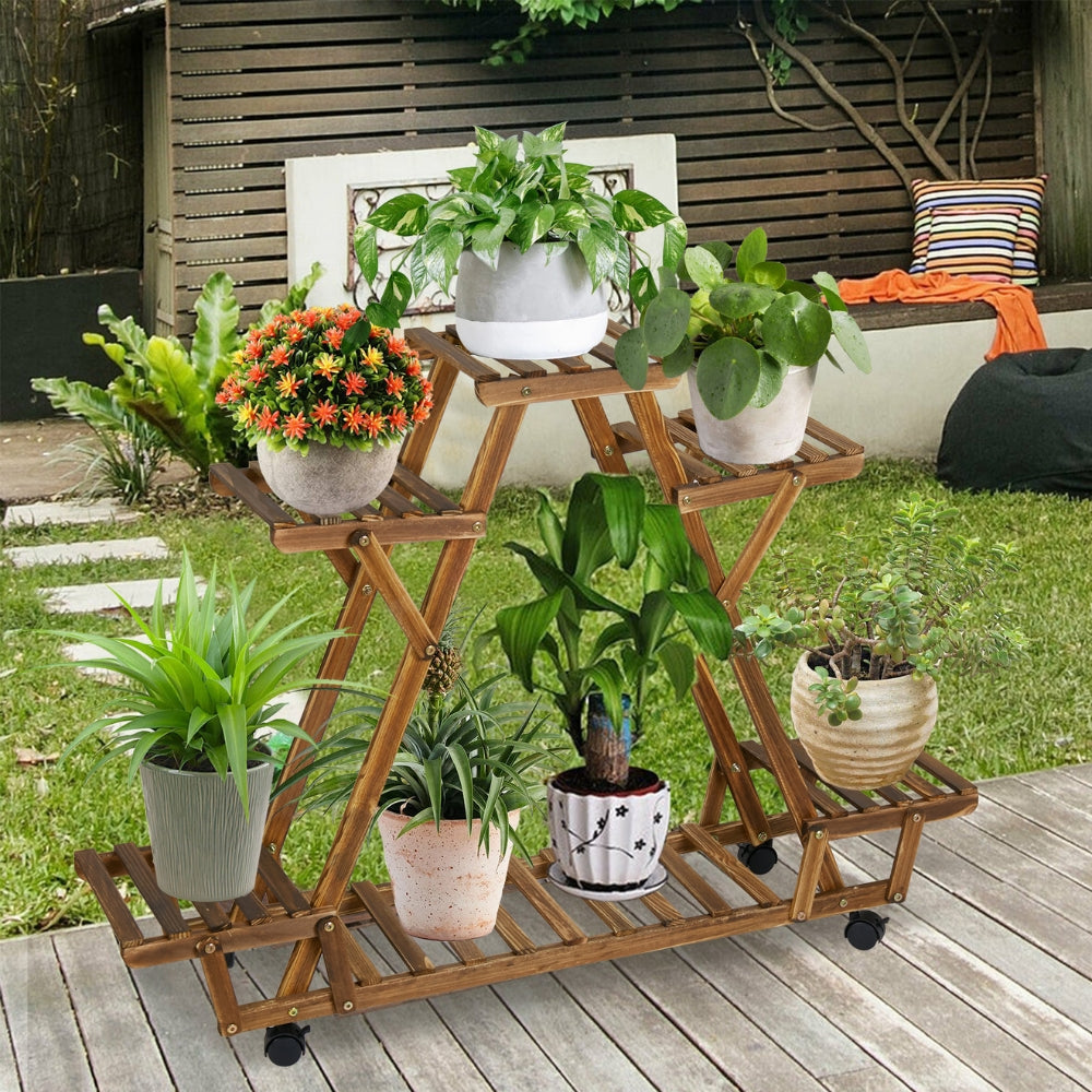 Triangular Plant Shelf 6 Potted Wood Plant Holder Stand Display Storage Rack with Wheels