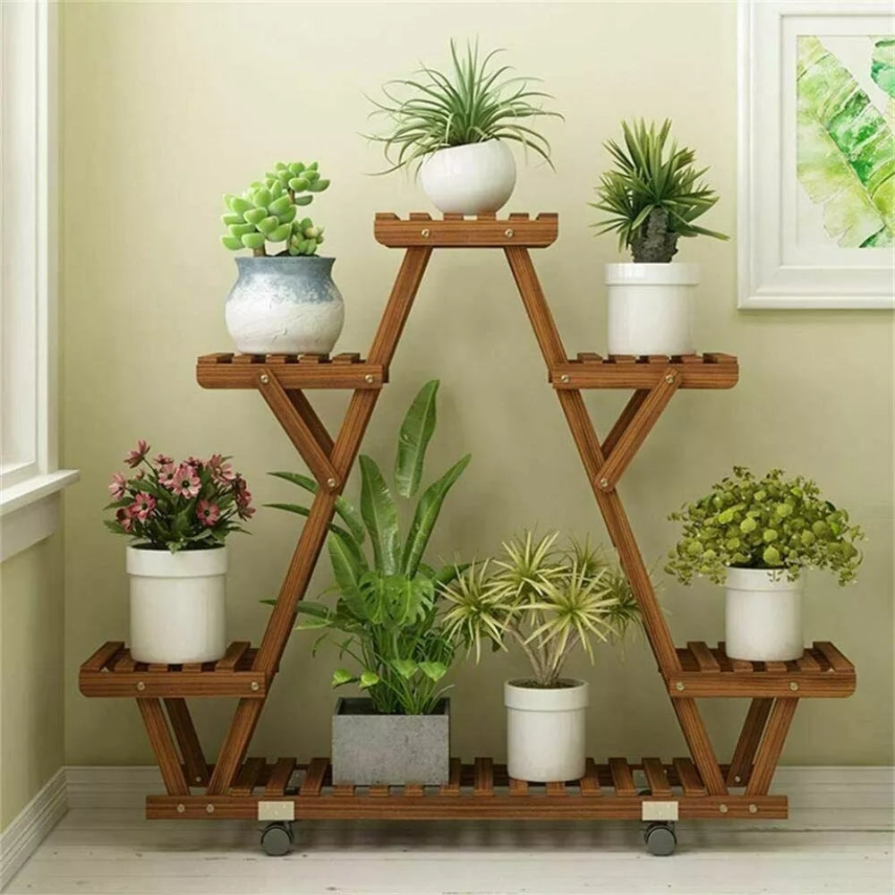 Triangular Plant Shelf 6 Potted Wood Plant Holder Stand Display Storage Rack with Wheels