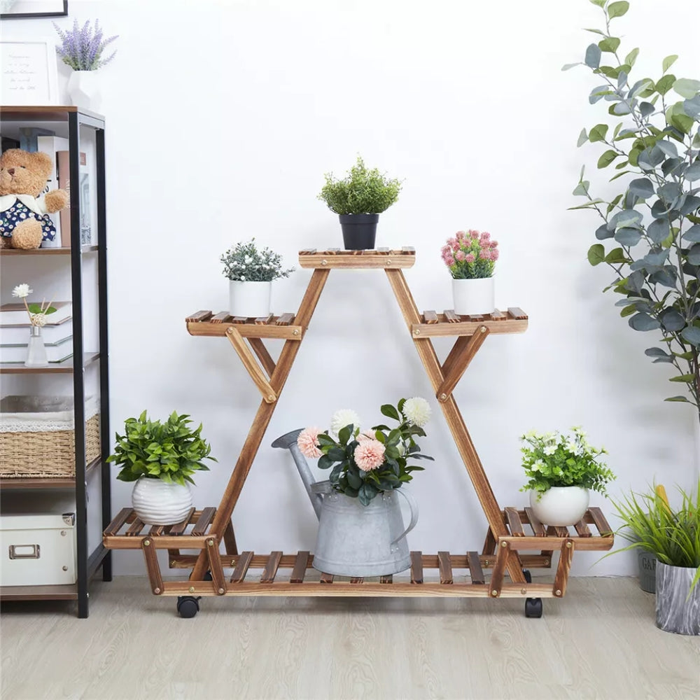 Triangular Plant Shelf 6 Potted Wood Plant Holder Stand Display Storage Rack with Wheels