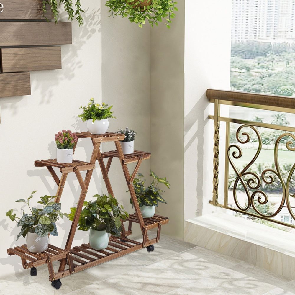 Triangular Plant Shelf 6 Potted Wood Plant Holder Stand Display Storage Rack with Wheels