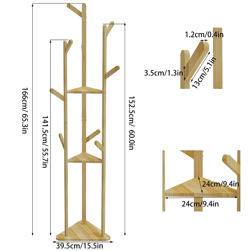 3-Layer Bamboo Coat Rack Tree Cloth Hanger with 9 Hooks