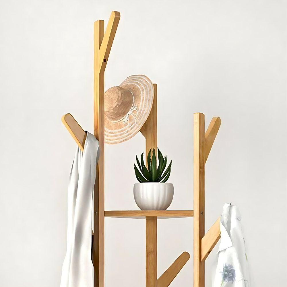 3-Layer Bamboo Coat Rack Tree Cloth Hanger with 9 Hooks
