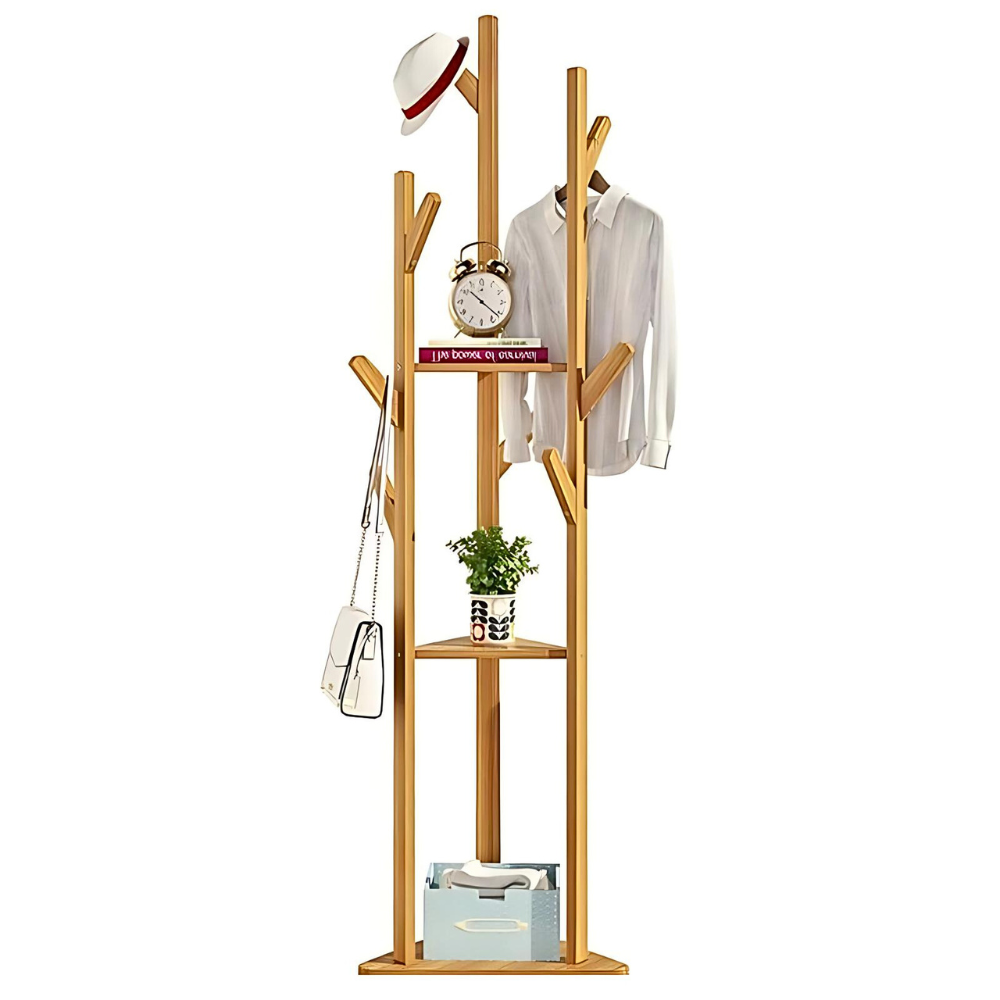 3-Layer Bamboo Coat Rack Tree Cloth Hanger with 9 Hooks
